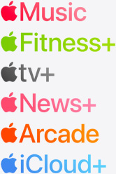 Apple Music, Apple Fitness+, Apple TV+, Apple News+, Apple Arcade, and iCloud+ app icons