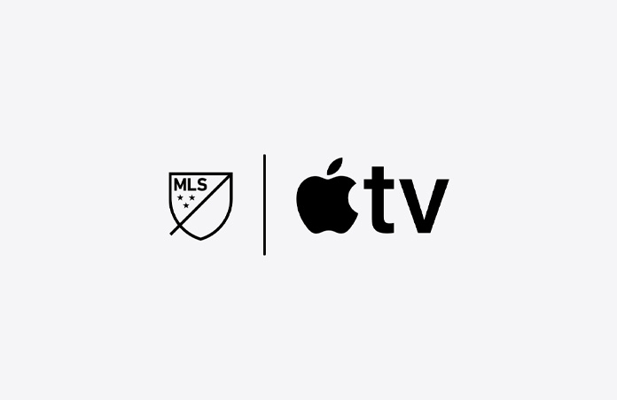 Logos for Major League Soccer and Apple TV side by side separated by a vertical line