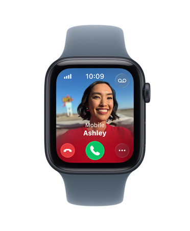 Apple Watch SE 3, carcasă din aluminiu, culoare Miezul nopții, apel primit, fotografie contact, butoane de acceptare și respingere apel, partea exterioară dreaptă, Digital Crown, curea Sport, culoare Albastru ancoră