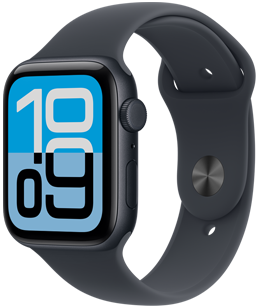 ساعة Apple Watch SE 3، إطار ألومنيوم، لون سماء الليل، واجهة الساعة "التدفق"، الجزء الخارجي الأيمن، التاج الرقمي، ميكروفون، الزر الجانبي، حزام رياضي بلون سماء الليل، نظام إغلاق بمشبك على شكل مسمار بلون سماء الليل