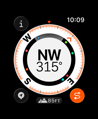Spor tilbake-funksjonen viser kompass, høyde og merkede rutepunkter.