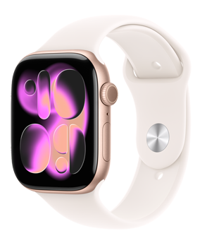 Apple Watch Series 11 med urkasse av aluminium i rosegull og Sport Band i svak rosa viser Responsive Art-urskiven på skjermen. På høyre side vises Digital Crown, mikrofonen og sideknappen.