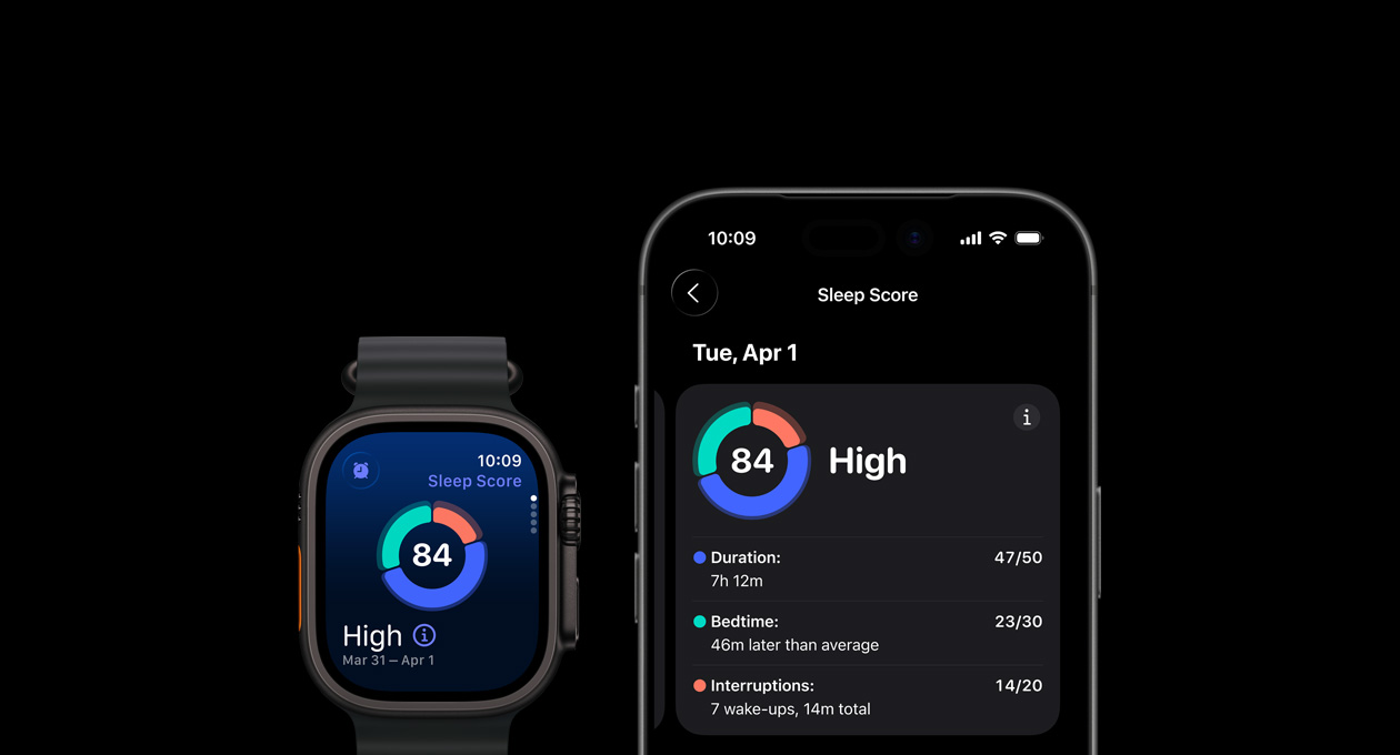 Søvnscore viser et sektordiagram og en poengsum på Apple Watch Ultra 3, og en full analyse vises på en sammenkoblet iPhone.