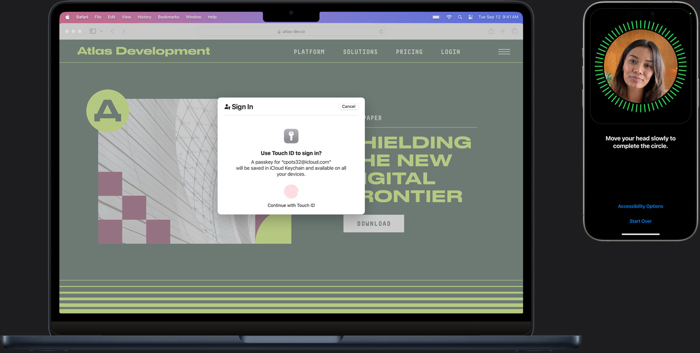 Güvenli bir şekilde oturum açmak için farklı Touch ID öğelerini gösteren bir Mac ve iPhone.