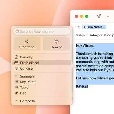 อีเมลธุรกิจที่แสดงข้อความแจ้งของ Apple Intelligence