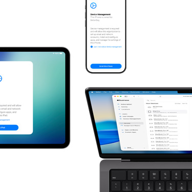 iPad, iPhone, and MacBook all featuring various components of Apple Business Manager. macOS Tahoe is visible on MacBook.