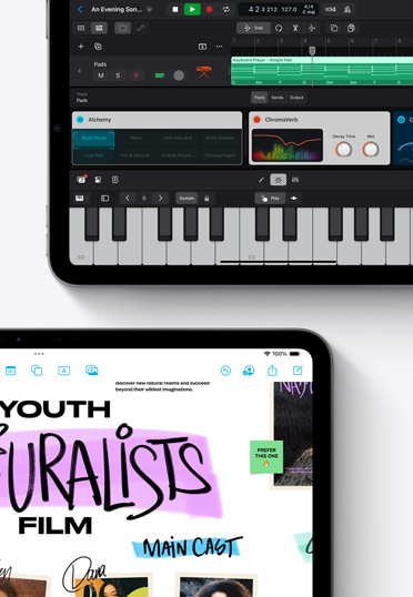 Dua buah iPad menampilkan aplikasi LogicPro dan Freeform.