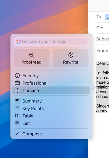Desktop Mac dengan draf email yang menampilkan prompt Apple Intelligence. Opsi untuk membuat email lebih singkat telah dipilih.