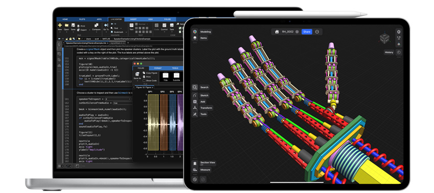Aplikasi sains, teknologi, teknik, dan matematika ditampilkan di MacBook dan iPad, dengan Apple Pencil Pro di samping iPad.