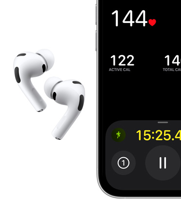AirPods Pro 3, white colour, earbuds, silicone tips, microphone, iPhone, Outdoor Run workout on screen