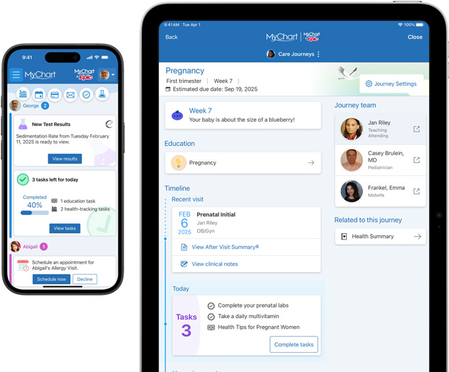 iPhone- og iPad-skærme, som viser Epic MyChart-appen.