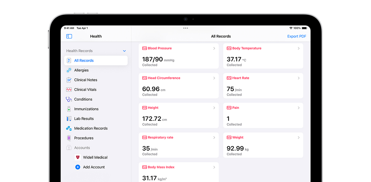 iPad software displaying the Apple Health app.