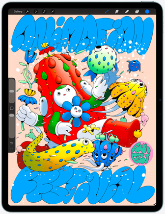 iPad Air, front exterior, displaying Procreate app, colorful digital artwork featuring various characters and objects