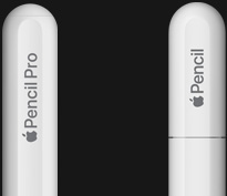Apple Pencil Pro, vue latérale, blanc, embout arrondi gravé Apple Pencil Pro, Apple Pencil (USB‑C), vue latérale, blanc, embout arrondi gravé Apple Pencil