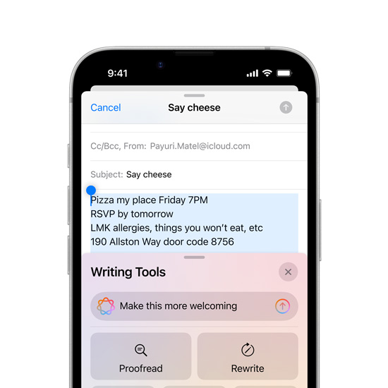 Μερική προβολή της οθόνης του iPhone 16e που δείχνει τις δυνατότητες στα Εργαλεία Συγγραφής του Apple Intelligence.