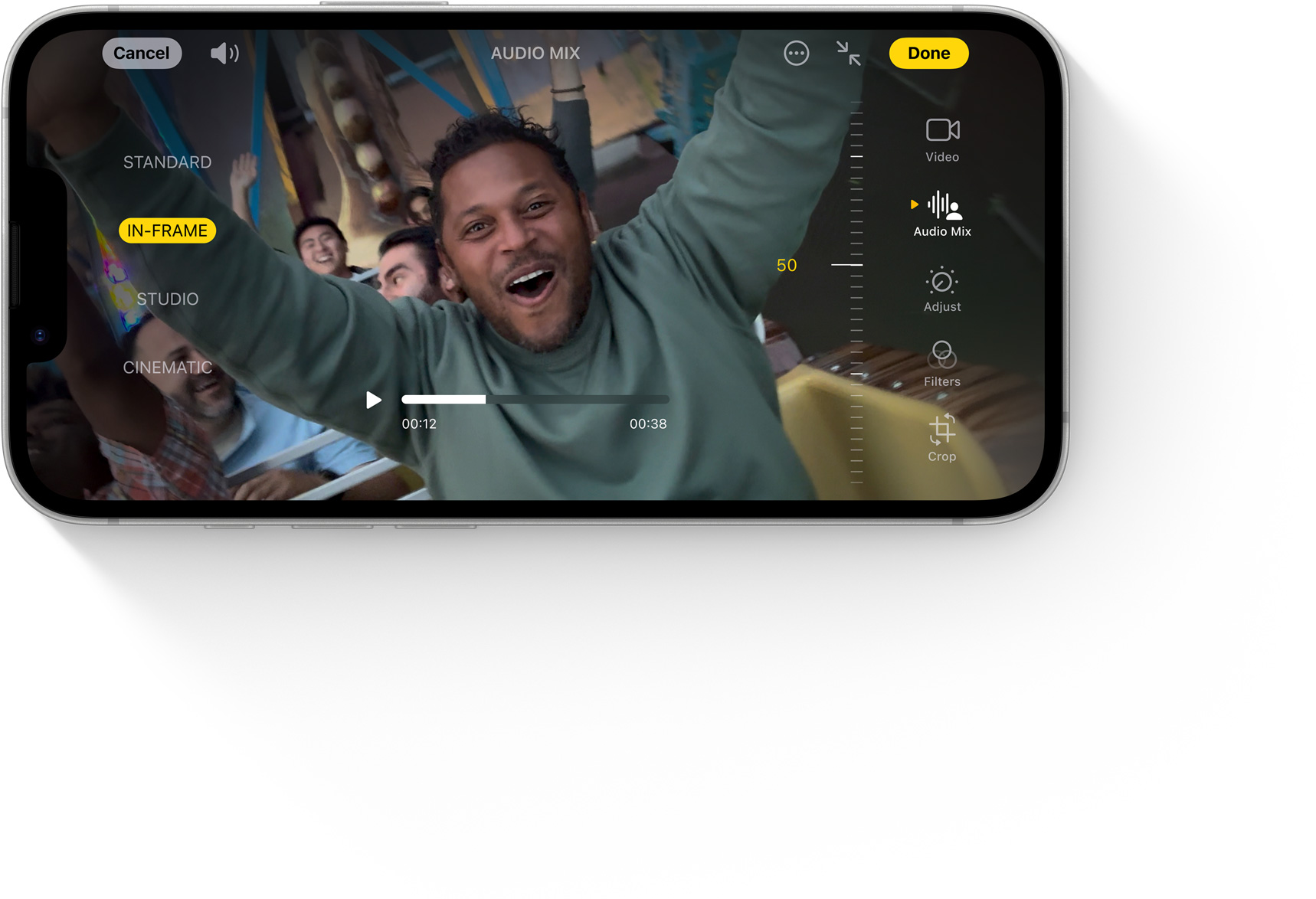 Οθόνη iPhone 16e που δείχνει το εργαλείο Μίξη Ήχου σε χρήση.