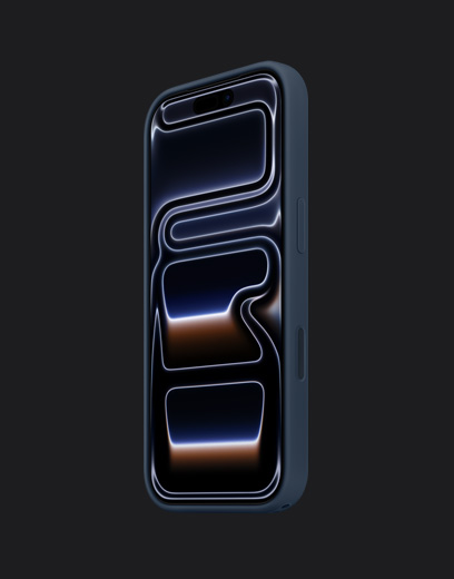 iPhone 17 Pro, екстериорен изглед отпред, дълбоко синьо, със Силиконов кейс, тъмносиньо