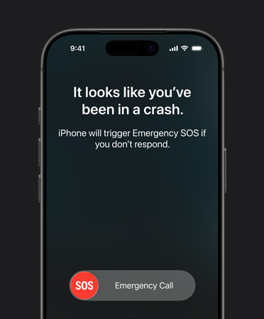 iPhone 17 Pro, екстериорен изглед отпред, заоблени ъгли, използва се функцията Разпознаване на катастрофа