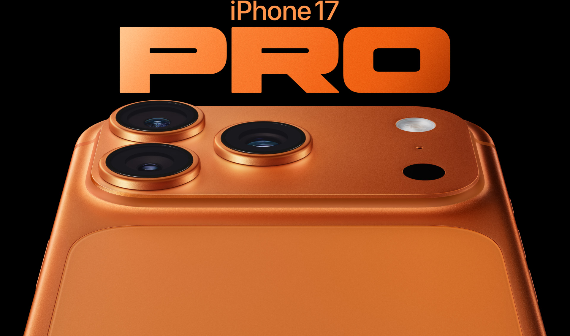 iPhone 17 Pro, космическо оранжево, частичен екстериорен изглед отзад, Pro система камери горе вляво, 3 обектива, микрофон, светкавица