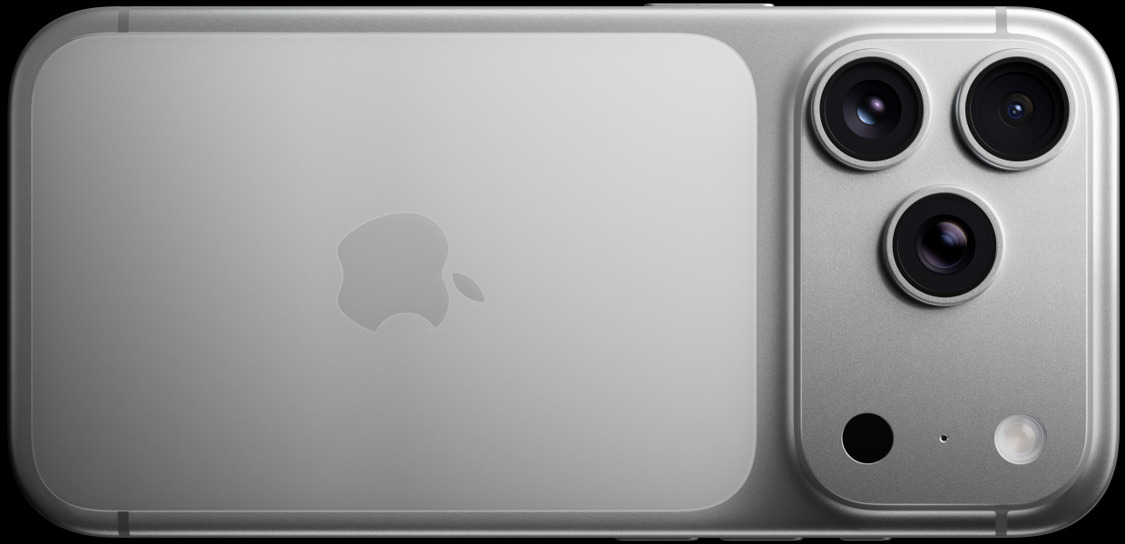 iPhone 17 Pro, silver, back exterior, Pro Fusion camera system, 3 lenses, microphone, flash