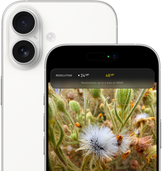 iPhone 17, face arrière, angles arrondis, système à deux caméras Fusion dans le coin supérieur gauche, coloris blanc, face avant, Dynamic Island, angles arrondis