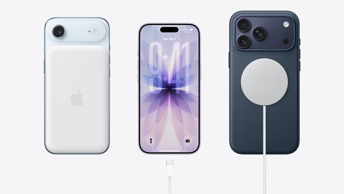 Côte à côte. iPhone Air de dos connecté à une batterie MagSafe, iPhone 17 de face avec design tout écran, câble de charge USB-C à proximité du port de charge, iPhone 17 Pro de dos branché à un câble de charge MagSafe