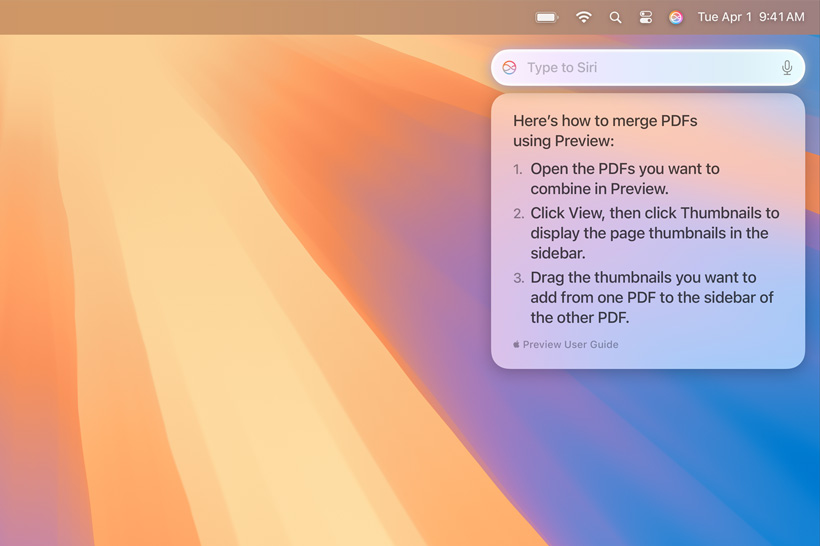Notificación de Siri con información que el usuario buscaba sobre cómo combinar varios PDF.