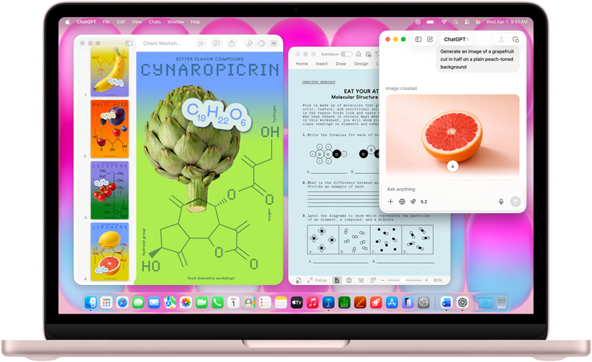 MacBook Neo, blush color, using ChatGPT to generate image of grapefruit, other windows contain a Keynote document titled molecule posters with images of fruits and vegetables and associated molecular compounds, and a related Microsoft Word document
