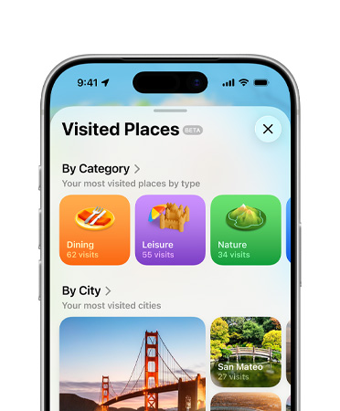 iPhone, top half only, screen shows the visited places feature in the Maps app, including Categories and Cities