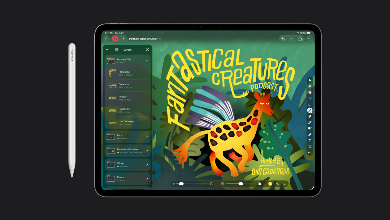 Apple Pencil with iPad Pro 13 showing illustration for podcast about fantastical creatures