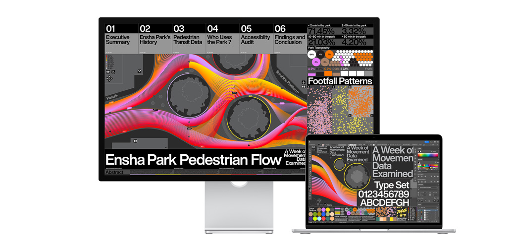 MacBook Air 13 pouces à côté d’un Studio Display affichant un projet dans Adobe Illustrator.