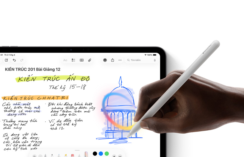 Bàn tay cầm Apple Pencil vẽ một vòng tròn xung quanh một bản phác thảo trong ứng dụng Ghi Chú trên iPad.