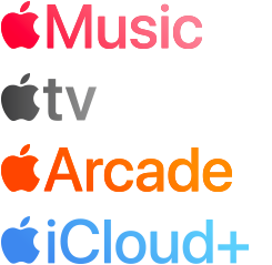 Apple subscription services logotypes including Apple Music, Fitness+, Apple TV+, Apple News+, Apple Arcade, iCloud+