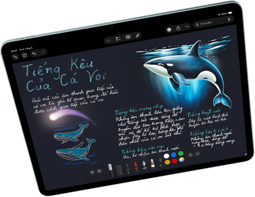 Hình ảnh nằm ngang của iPad Air, hiển thị Apple Intelligence với tính năng Image Playground, Keynote và Apple Pencil Pro